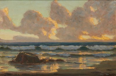 Vågor som bryts, solnedgång (olja på duk) av Duncan McGregor Whyte