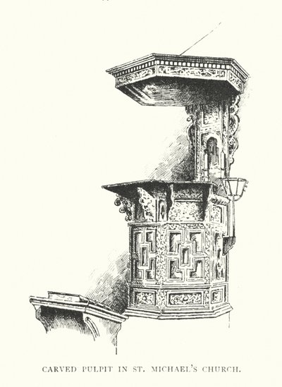 Snidad predikstol i St Michaels kyrka (litografi) av Duncan Moul