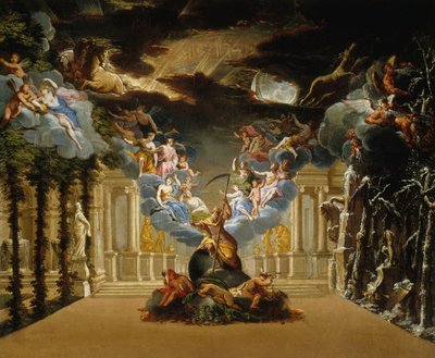 Scenografi för Prolog of the Tragédie lyrique Atys av Jean-Baptiste Lully, ca. 1708. av Duplessis