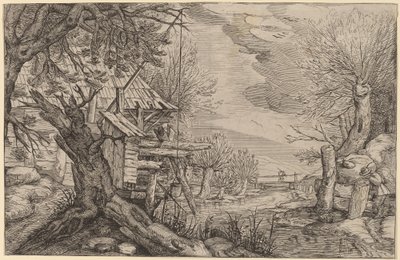 Landskap med timmerhus nära en flod av Dutch 17th Century, formerly Jacques de Gheyn II