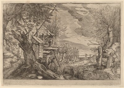 Landskap med timmerhus nära en flod av Dutch 17th Century, formerly Jacques de Gheyn II