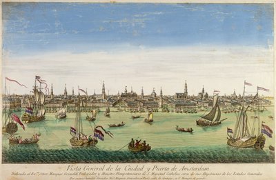 En allmän utsikt över hamnen och staden Amsterdam, gravyr av D.G. Hucquier, 1500-talet av Dutch School