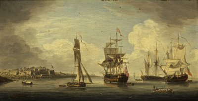 A Sea Port (olja på panel, mahogny) av Dutch School