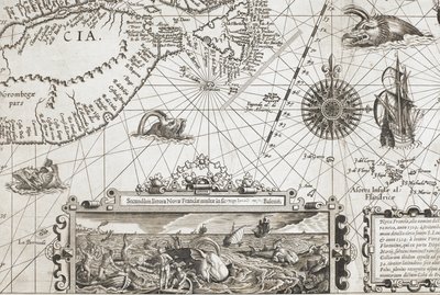 En detalj av två gammaldags valliknande havsmonster och en infällning med mer verklighetstrogna valar, från 