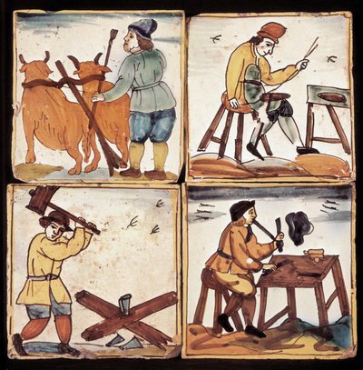 Azulejos-panel: representation av yrken, bondejordbruk, sparare, timmerklyvare och en pipa (keramik) av Dutch School