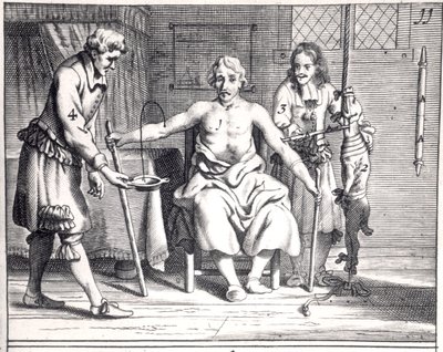 Blodtransfusion från en hund, från Armamentarii Chirurgici av Johannes Schultes (1595-1645) publicerad i Amsterdam, 1671 av Dutch School