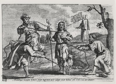 Karikatyr av Luther, Calvin och Menno Simons som ifrågasätter Kristus och hans lära av Dutch School