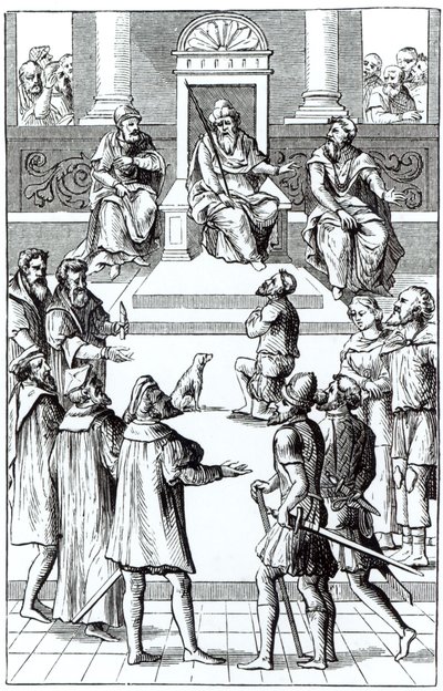 Bekännelse för rättelse inför domstolen, efter ett träsnitt i Praxis Rerum Criminalium av Joos de Damhouder (1507-81) publicerat Antwerpen, 1556 av Dutch School
