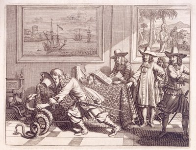 Hanterar en kobra som har invaderat de holländska officersrummen, 1672 av Dutch School