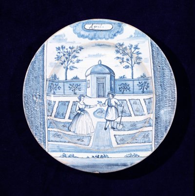 Delftartallrik föreställande april månad (tennglaserat lergods) av Dutch School