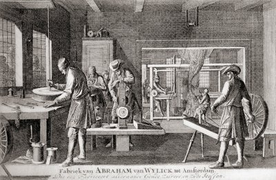 Abraham van Wylicks fabrik, Amsterdams sidenindustri, ur "Geschiedenis van Nederland", utgiven 1936 (litografi) av Dutch School
