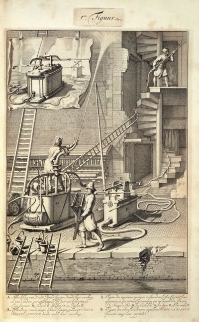 Firefighting Machinery, från en bok om brandbekämpning i Holland, publicerad c.1700 av Dutch School