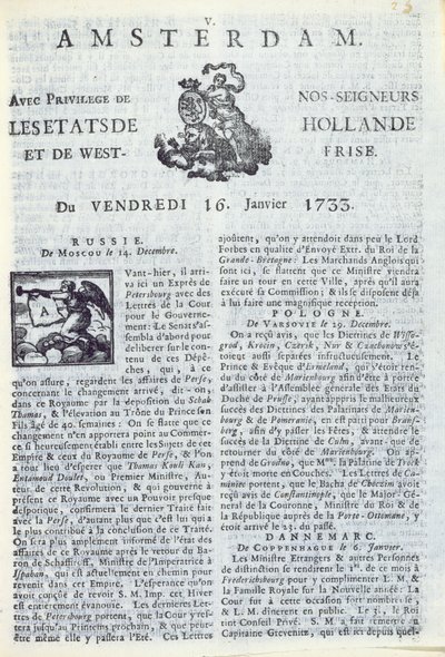 Framsidan av La Gazette dAmsterdam, 16 januari 1733 (tryckt papper) av Dutch School