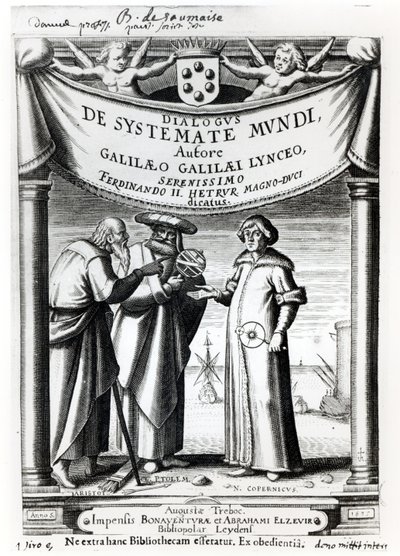 Frontispice av Dialogus De Systemate Mundi av Galileo (1564-1642), publicerad i Leyden 1635 av Dutch School