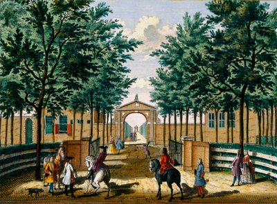 Trädgårdarna i Francois van Haringkaspels lustpalats, från Het Zeganpralent Kennemerlant av Hendrick de Leth och Matthias Brouerius Van Nidek, publicerad ca 1700-1730 av Dutch School