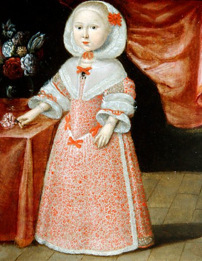 Flicka som håller en rosa och vit blomma, ca 1640 (olja på koppar) av Dutch School