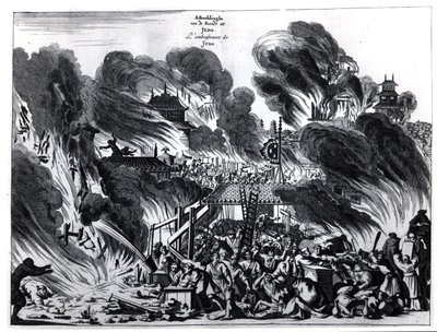 Den stora elden i Yedo (Tokyo) på 1600-talet, illustration från Arnold Montanus berättelse om ambassader skickade av Holländska Ostindiska kompaniet till kejsaren av Japan, publicerad i Amsterdam 1680 av Dutch School