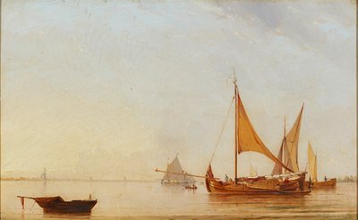 Harboring Boats at Dawn (olja ombord) av Dutch School