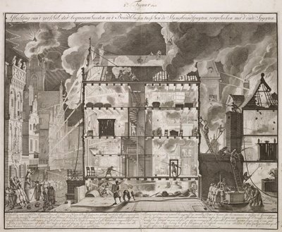 Illustration som visar hur nya långa brandslangar kan nå alla delar av en byggnad, från en bok om brandbekämpning i Holland, publicerad ca 1700 av Dutch School