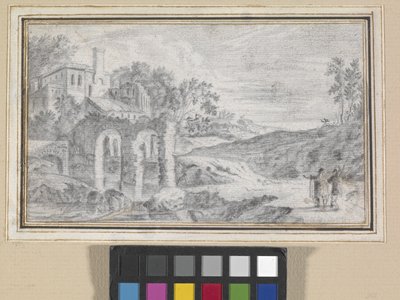 Italienskt landskap med ruiner (svart krita på benvitt papper) av Dutch School