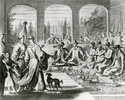 Jesuiter med holländska och portugisiska köpmän vid det japanska hovet, ca 1670 (gravyr) av Dutch School
