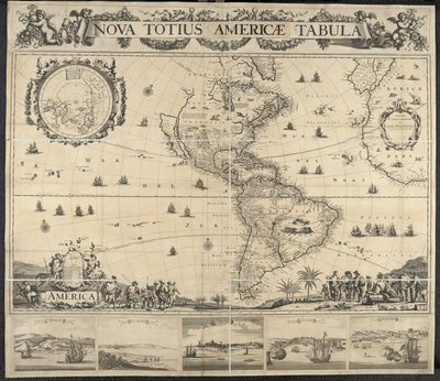 Karta över Amerika, Nova totius Americae Table, [med utsikt över] Panama, Caput S. Augustini, New Amsterdam, S. Frälsare, Namn D. Gud. Tecknad av J. Mathysz av Dutch School