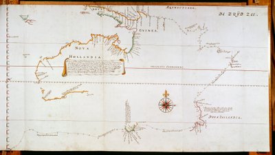 Karta över New Holland, nu Australien, och över Nya Zeeland, hämtad från information som samlats in under resor som genomförts av Abel Janszoon Tasman