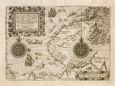 Karta över den nyupptäckta Nova Zembla, illustration från Diarium Nauticum, eller den sanna beskrivningen av tre beundransvärda resor... av Dutch School