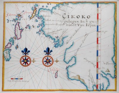 Karta över den södra delen av ön Kyushu, Japan (penna och akvarell på papper) av Dutch School
