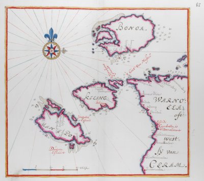 Karta som visar en del av ön Ceram (Seram) och Bonoa (Boano Island) och Kelang Island och Manipa Island. av Dutch School