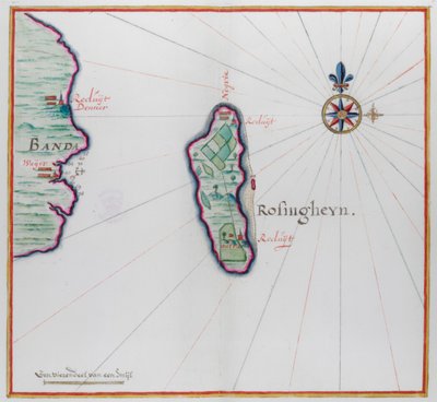 Karta som visar en liten del av Banda Besar (Lonthoir) och Hatta (Rosengain.) Bnda-öarna, en del av den indonesiska provinsen Maluku. av Dutch School