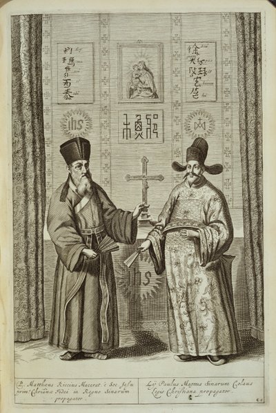 Matteo Ricci (1552-1610) och Paulus Li, från Kina Illustrerad av Athanasius Kircher (1601-80) 1667 av Dutch School