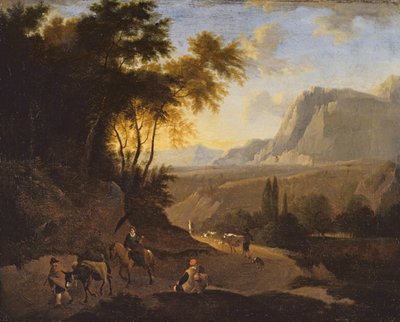Bergslandskap med figurer, sent 1600-tal (olja på duk) av Dutch School