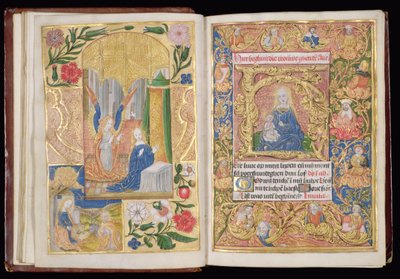 Ms 144, ff.13v-14r: The Annunciation and Virgin and Child, miniatyrer från en timbok, Use of Utrecht, c.1500-20 (bladguld och guld & färgade bläck på pergament) av Dutch School