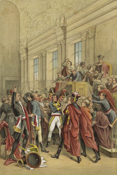 Napoleon vräker de femhundras råd från sina kammare, 18:e Brumaires statskupp, 1799 av Dutch School