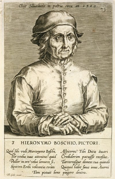 Porträtt av Hieronymus Bosch (ca 1450-1516) skylt 3 i en serie porträtt av konstnärer, graverad av Theodor Galle (1571-1633) av Dutch School