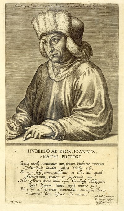 Porträtt av Hubert van Eyck (1366-1426) skylt 1 från en serie porträtt av konstnärer, graverad av Theodor Galle (1571-1633) av Dutch School