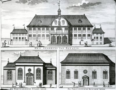 Portugisiska kyrkan och rådhuset i Batavia, 1800-talet, av Dutch School