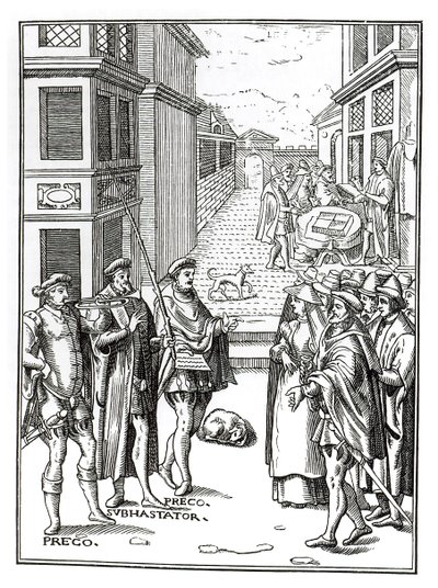 Försäljning av Town Crier, efter ett träsnitt i Praxis Rerum Civilium av Joos de Damhouder (1507-81) publicerad Antwerpen, 1557 av Dutch School