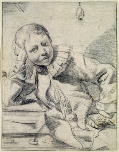 Skolpojke vid sitt skrivbord, ca 1630-45 (krita på papper) av Dutch School