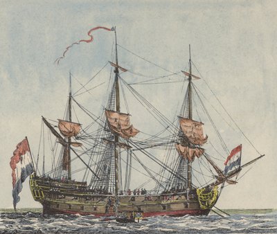 Nederländska Ostindiska kompaniets skepp (färgad gravyr) av Dutch School