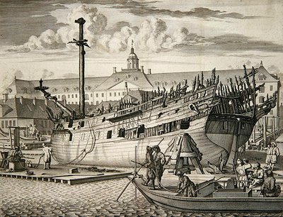Fartyg som fattade eld framför det holländska ostindiska kompaniets marina arsenal av Dutch School