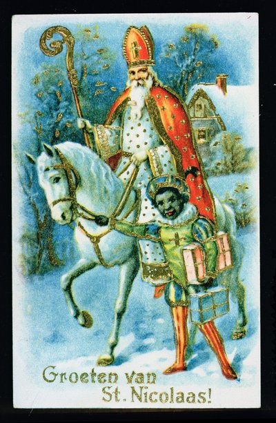 St.Nicholas och en svart hjälpare, ca 1890, holländskt kort av Dutch School