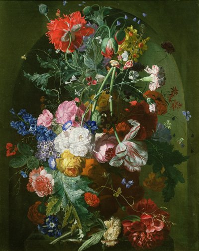 Stilleben av blommor i en terrakottavas i en nisch av Dutch School
