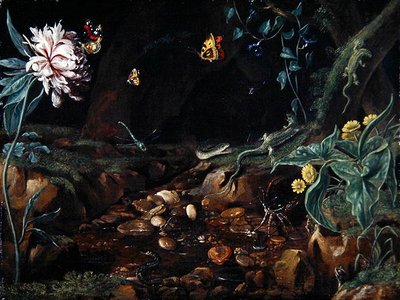 Streama i en galleria med blommor och reptiler (olja på duk) av Dutch School