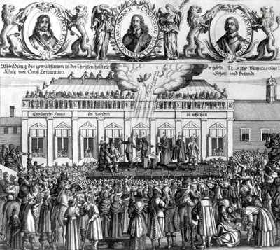 Halshuggningen av kung Karl I (1600-49) 1649 (gravyr) (bw foto) av Dutch School