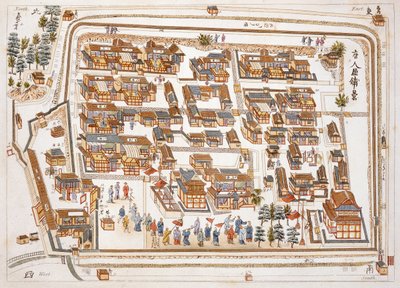 The Chinese Factory in the Street of Teng-chan i Nangasaki, grundad 1688, från Illustrations of Japan av Isaac Titsingh (ca 1740-1812), publicerad i London, 1822 av Dutch School
