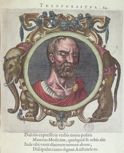 Theophrastus (c.372-287 f.Kr.), illustration från Gamla och nyare fysik och filosofer av Johannes Sambucus (1531-84), utgiven av Plantin i Leyden 1603 (färgstick) av Dutch School