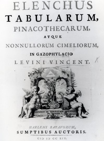 Titelsida för lista över tabeller av Levine Vincent, publicerad 1719 av Dutch School