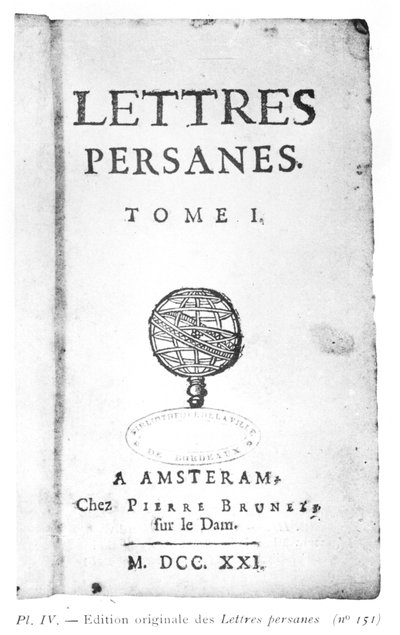 Titelsidan för De persiska breven av Charles de Montesquieu (1689-1755) 1721 av Dutch School